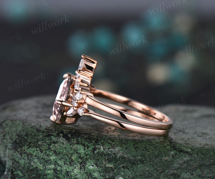 Princess cut morganite engagement ring set solid 14k rose gold cluster marquise cut diamond promise wedding bridal ring set women jewelry