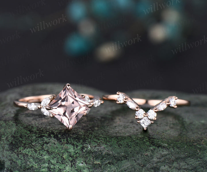 Princess cut morganite engagement ring set solid 14k rose gold cluster marquise cut diamond promise wedding bridal ring set women jewelry