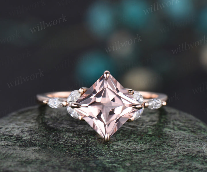 Princess cut morganite engagement ring set solid 14k rose gold cluster marquise cut diamond promise wedding bridal ring set women jewelry