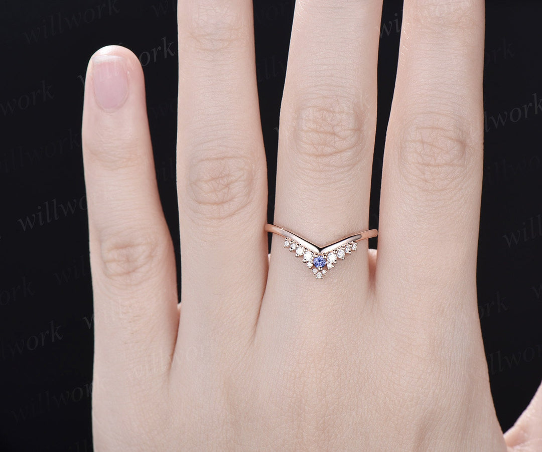 Curved snowdrift Tanzanite diamond wedding band white gold Minimalist moissanite wedding ring band stacking bridal anniversary ring women