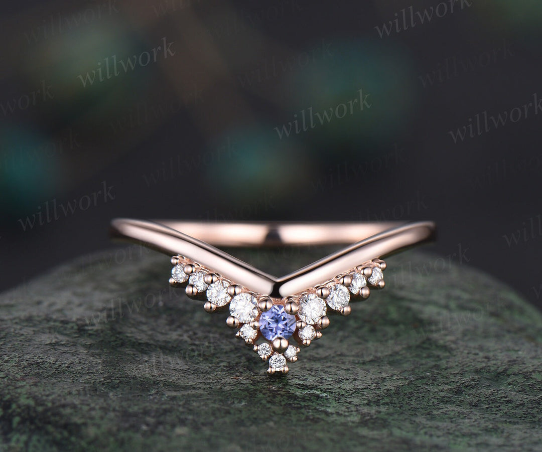 Curved snowdrift Tanzanite diamond wedding band white gold Minimalist moissanite wedding ring band stacking bridal anniversary ring women