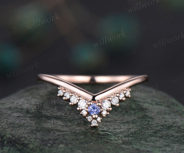 Curved snowdrift Tanzanite diamond wedding band white gold Minimalist moissanite wedding ring band stacking bridal anniversary ring women