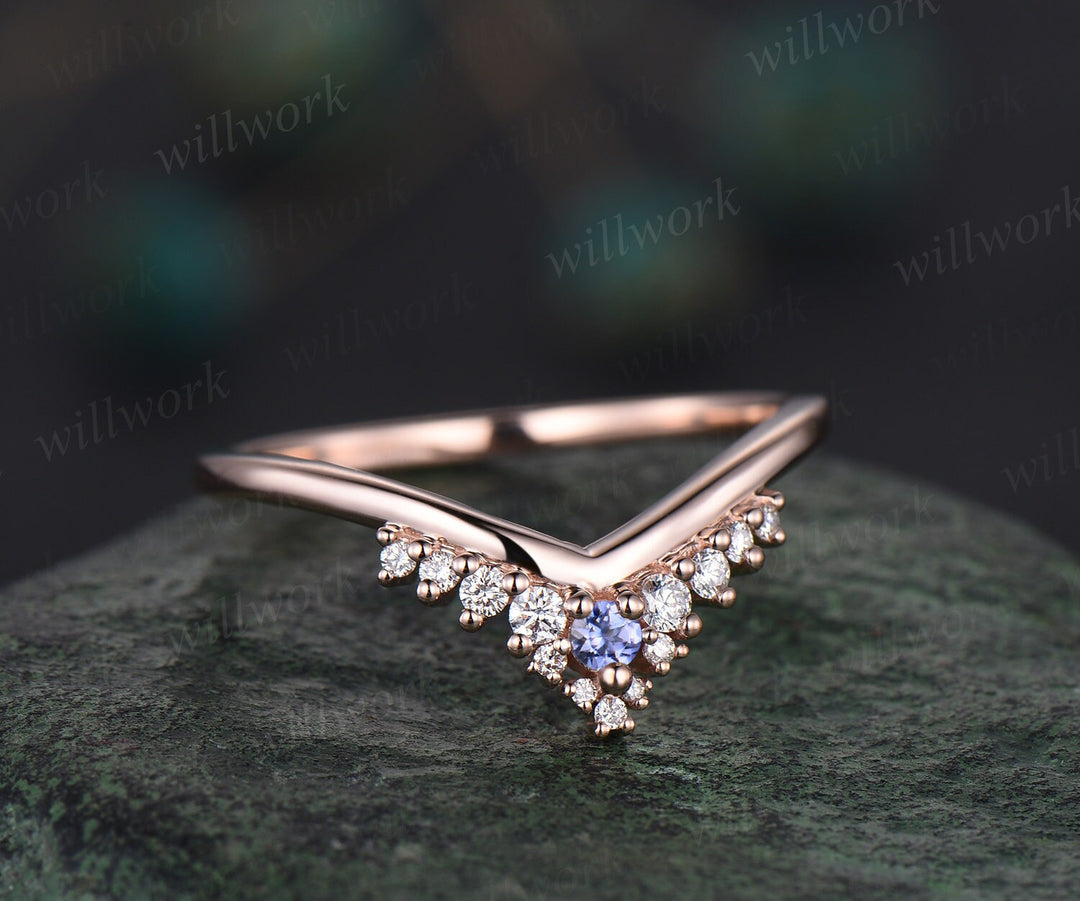 Curved snowdrift Tanzanite diamond wedding band white gold Minimalist moissanite wedding ring band stacking bridal anniversary ring women