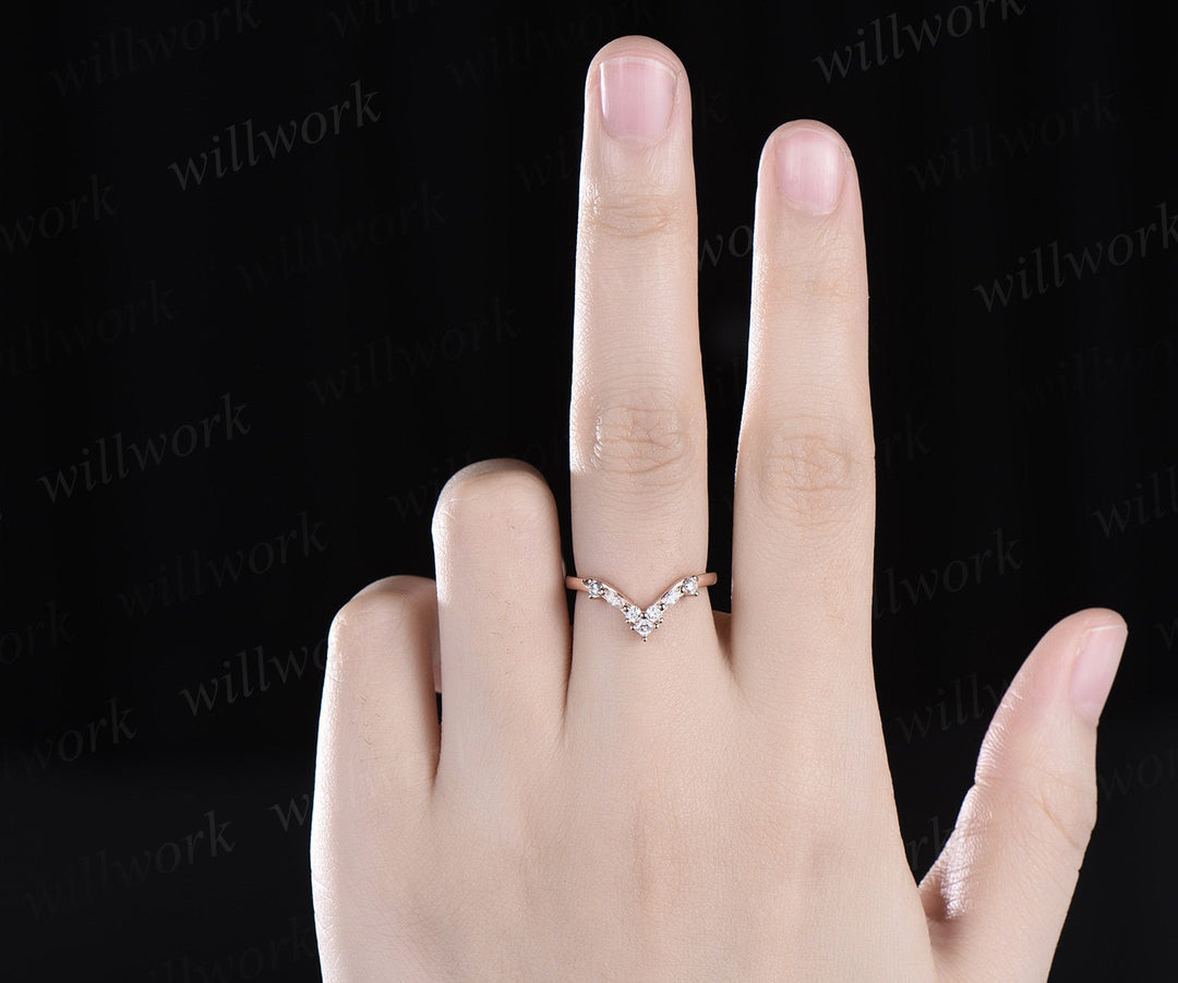 Princess marquise diamond wedding band solid 14k rose gold Curved V shaped stacking matching wedding ring band anniversary ring women gift