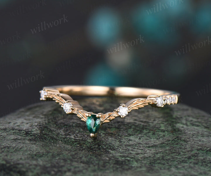 Vintage pear emerald diamond wedding band solid 14k yellow gold art deco leaf nature inspired stacking bridal anniversary ring women gift