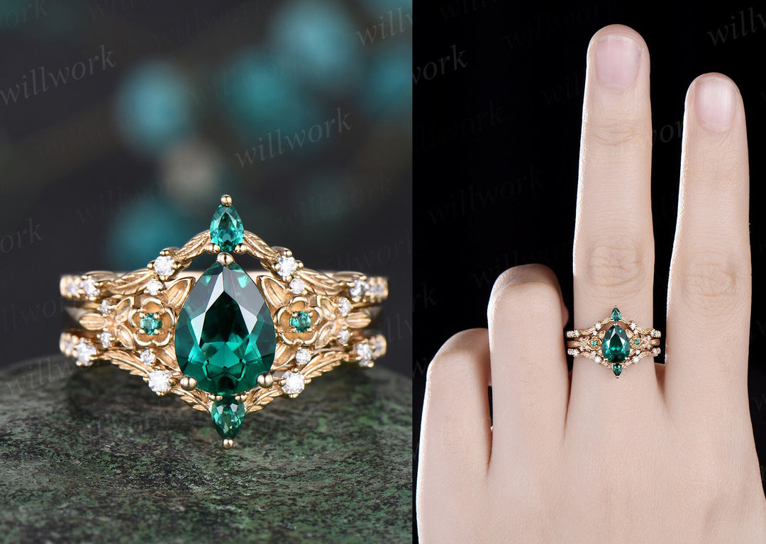 Vintage pear emerald diamond wedding band solid 14k yellow gold art deco leaf nature inspired stacking bridal anniversary ring women gift