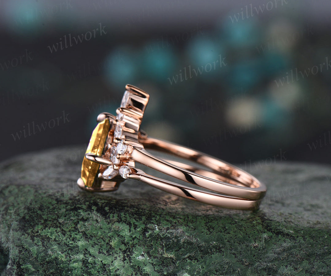 Princess cut yellow citrine engagement ring set solid 14k rose gold cluster marquise cut diamond Crystal wedding bridal ring set gift women