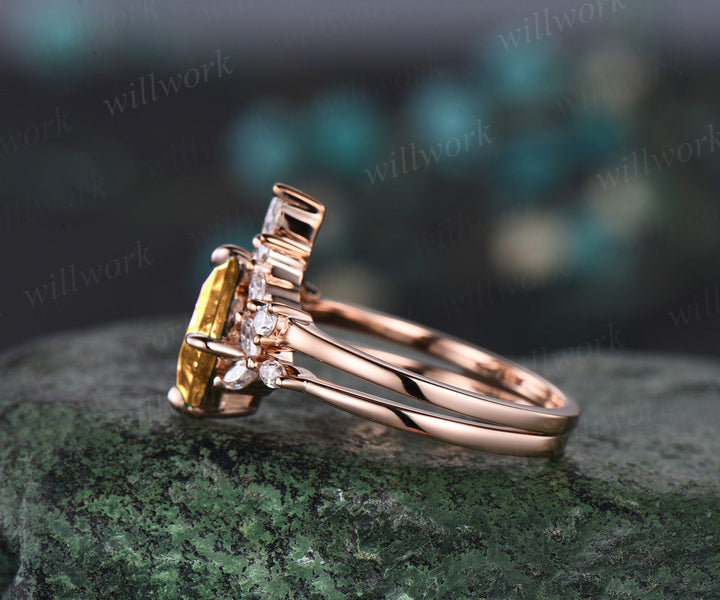 Princess cut yellow citrine engagement ring set solid 14k rose gold cluster marquise cut diamond Crystal wedding bridal ring set gift women