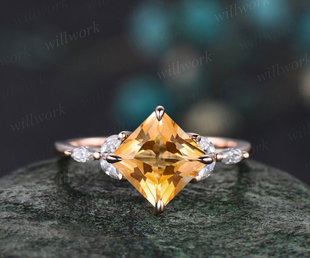 Princess cut yellow citrine engagement ring set solid 14k rose gold cluster marquise cut diamond Crystal wedding bridal ring set gift women