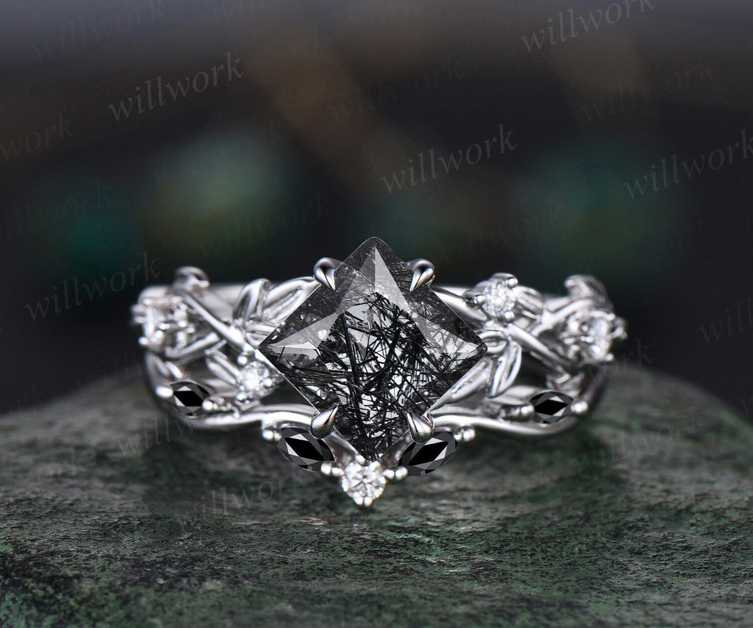 Princess cut black rutilated quartz engagement ring rose gold five stone leaf branch Nature inspired ring diamond bridal ring set women gift