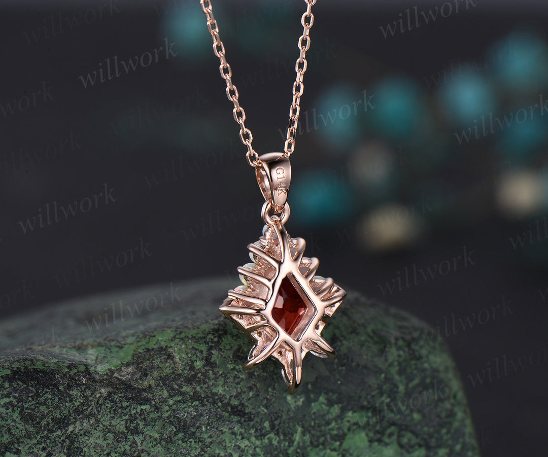 Kite cut red garnet necklace solid 14k 18k rose gold vintage unique halo opal diamond pendant women her anniversary bridal gift mother
