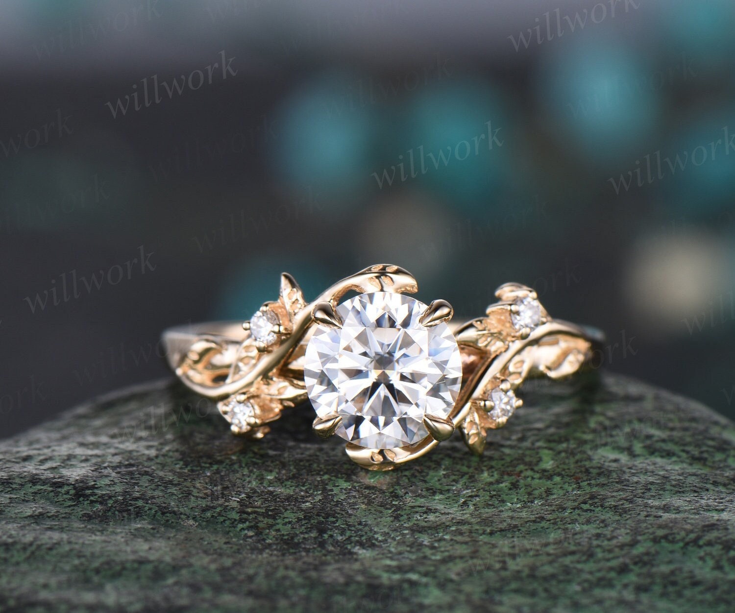 Vintage 1ct round cut moissanite engagement ring yellow gold art deco ...