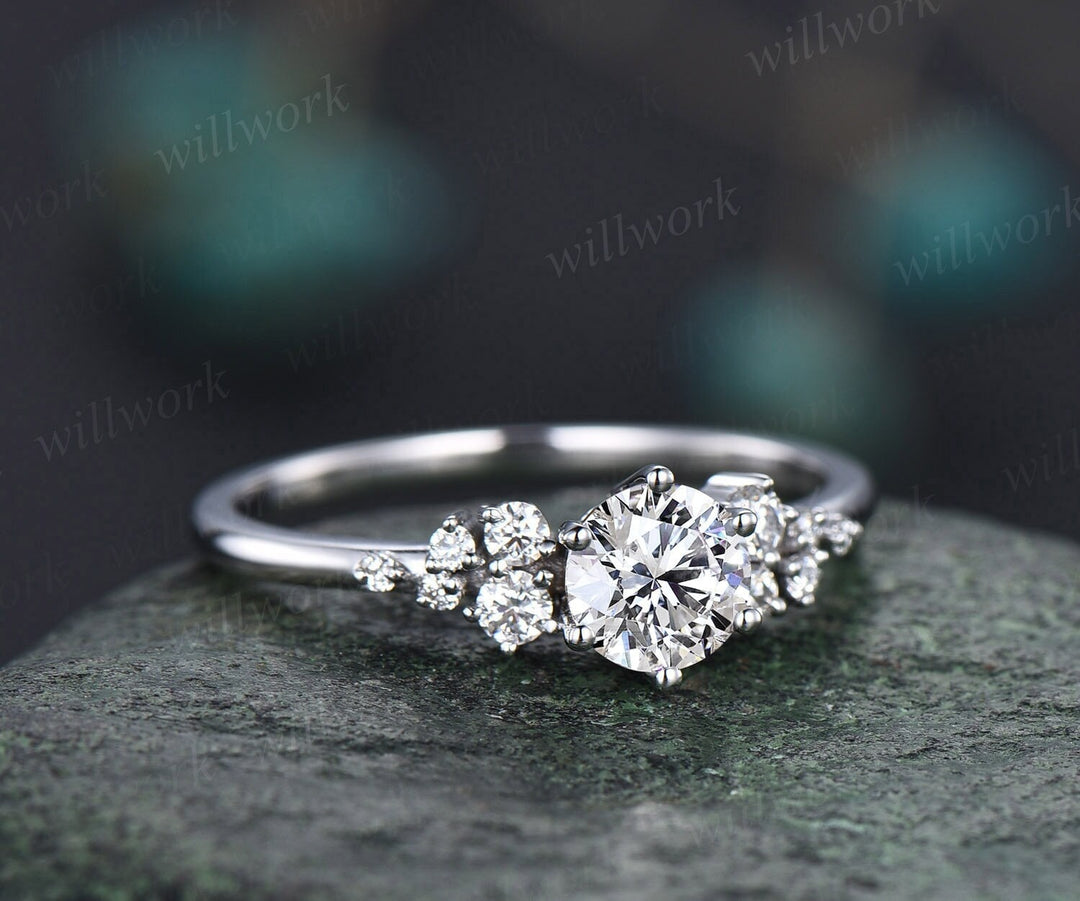 Unique round cut IGI Lab grown diamond engagement ring solid 14k white gold 6 prong cluster snowdrift diamond promise wedding ring women gift
