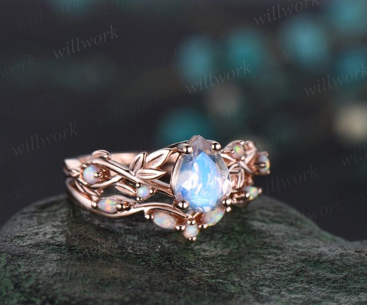 Pear shaped moonstone engagement ring solid 14k rose gold leaf nature inspired opal ring women antique bridal wedding ring set jewelry