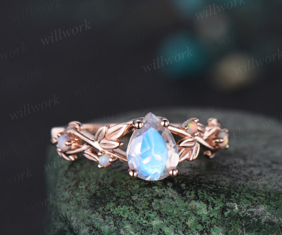 Pear shaped moonstone engagement ring solid 14k rose gold leaf nature inspired opal ring women antique bridal wedding ring set jewelry
