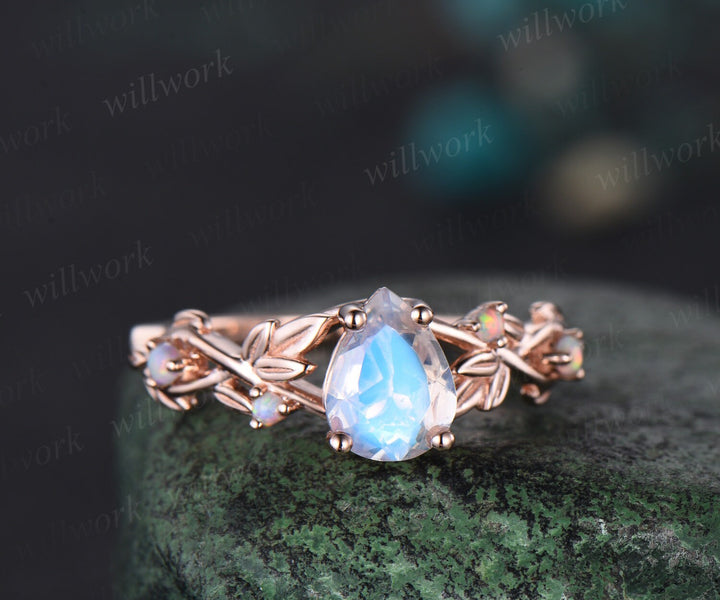 Pear shaped moonstone engagement ring solid 14k rose gold leaf nature inspired opal ring women antique bridal wedding ring set jewelry