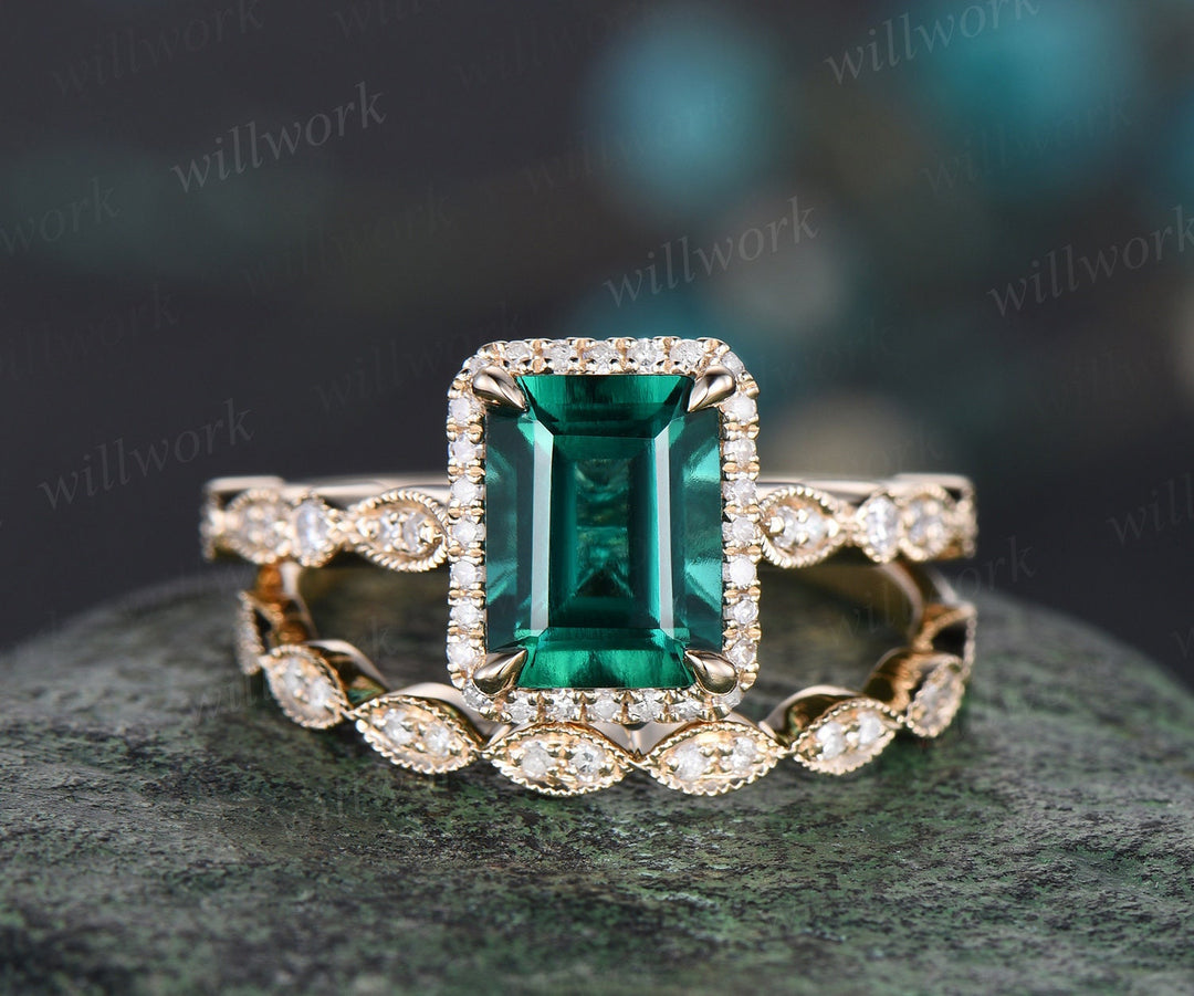 Emerald cut green emerald engagement ring solid 14k yellow gold half eternity marquise milgrain diamond promise wedding ring women jewelry