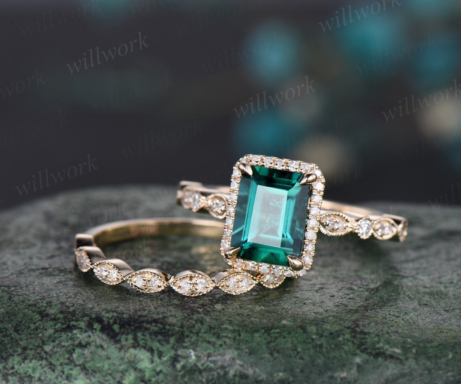 Emerald cut green emerald engagement ring solid 14k yellow gold half e ...