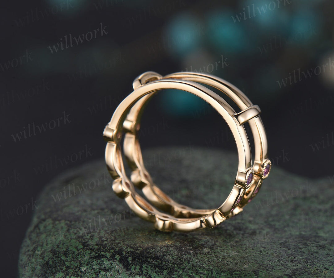 Double purple amethyst wedding band enhancer wraps solid 14k yellow gold half eternity milgrain anniversary ring gift gemstone
