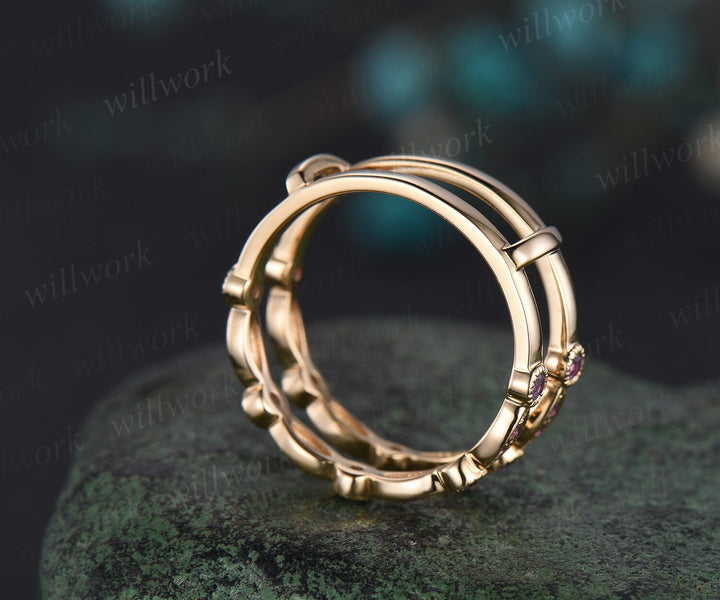 Double purple amethyst wedding band enhancer wraps solid 14k yellow gold half eternity milgrain anniversary ring gift gemstone