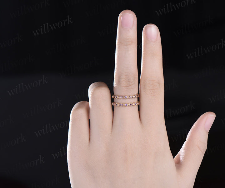 Double purple amethyst wedding band enhancer wraps solid 14k yellow gold half eternity milgrain anniversary ring gift gemstone