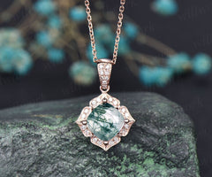 Cushion cut natural green moss agate necklace solid 14k rose gold floral halo moissanite diamond pendant women bridal anniversary gift
