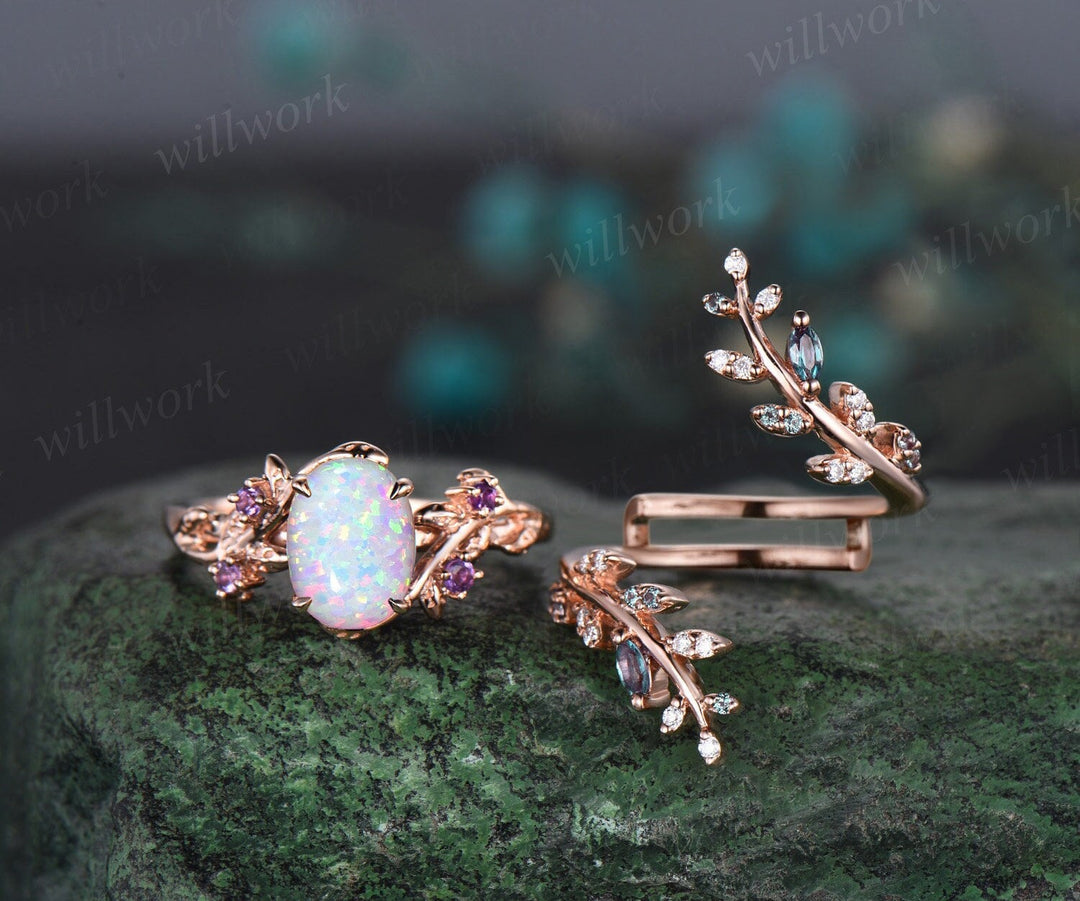 Vintage oval white opal engagement ring nature inspired leaf amethyst ring rose gold alexandrite wedding band enhancer bridal set women