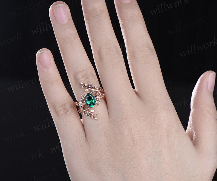 Oval cut emerald engagement ring rose gold leaf five stone alexandrite wedding band enhancer women antique promise bridal ring set gift