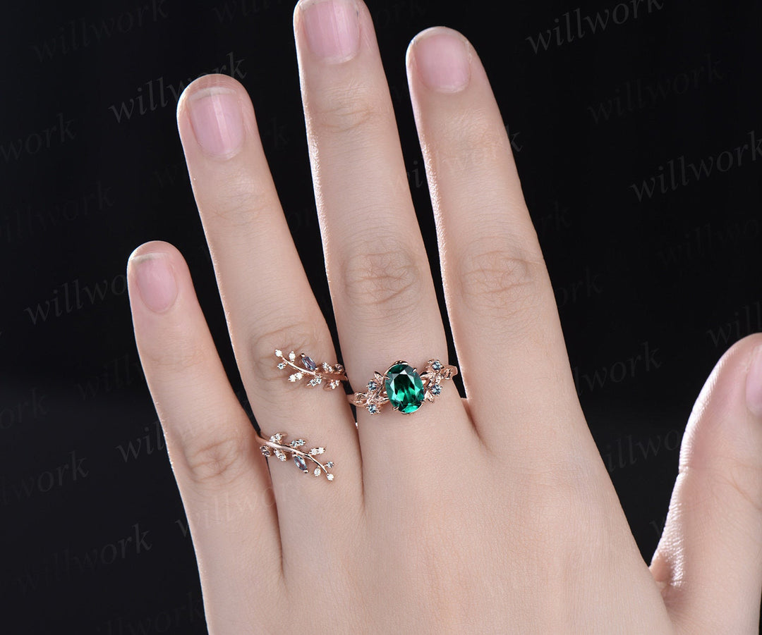 Oval cut emerald engagement ring rose gold leaf five stone alexandrite wedding band enhancer women antique promise bridal ring set gift