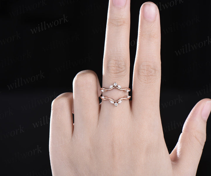 Double curved diamond wedding band enhancer wraps solid 14k rose gold art deco stacking twisted moissanite anniversary ring band gift