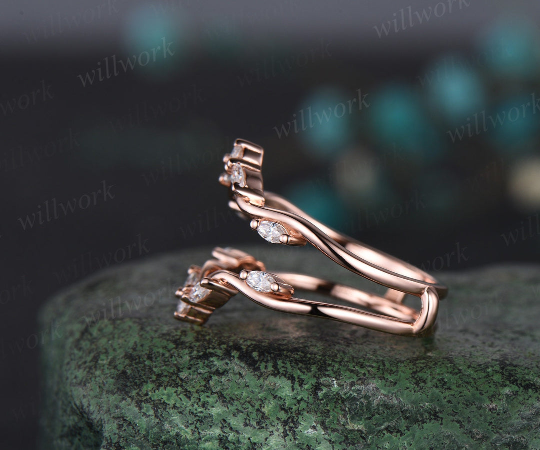 Double curved diamond wedding band enhancer wraps solid 14k rose gold art deco stacking twisted moissanite anniversary ring band gift