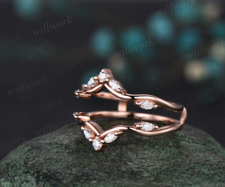 Double curved diamond wedding band enhancer wraps solid 14k rose gold art deco stacking twisted moissanite anniversary ring band gift