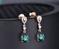 Pear shaped green emerald earrings solid 14k rose gold halo diamond drop earrings women bridal anniversary gift for her jewelry