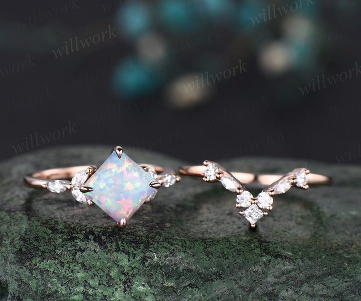 Princess white opal ring vintage rose gold unique engagement ring women claw prong cluster marquise cut diamond promise anniversary ring set