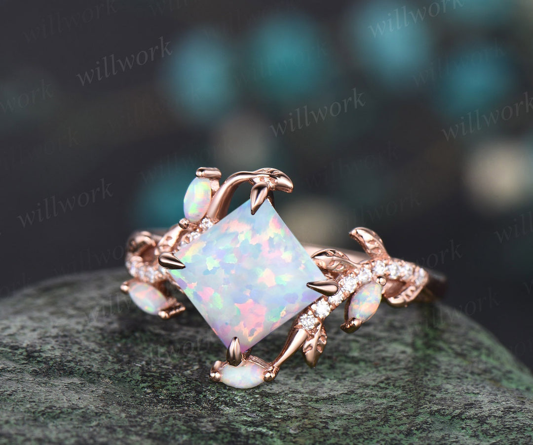 Vintage princess white opal engagement ring rose gold leaf nature inspired branch half eternity diamond opal anniversary ring women gift
