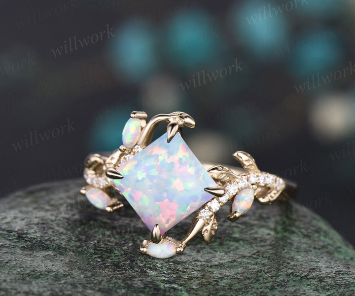 Vintage princess white opal engagement ring rose gold leaf nature inspired branch half eternity diamond opal anniversary ring women gift