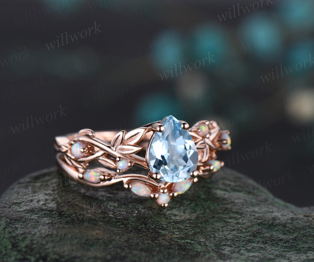 Pear shaped aquamarine engagement ring solid 14k rose gold leaf nature inspired opal ring women antique bridal wedding ring set jewelry