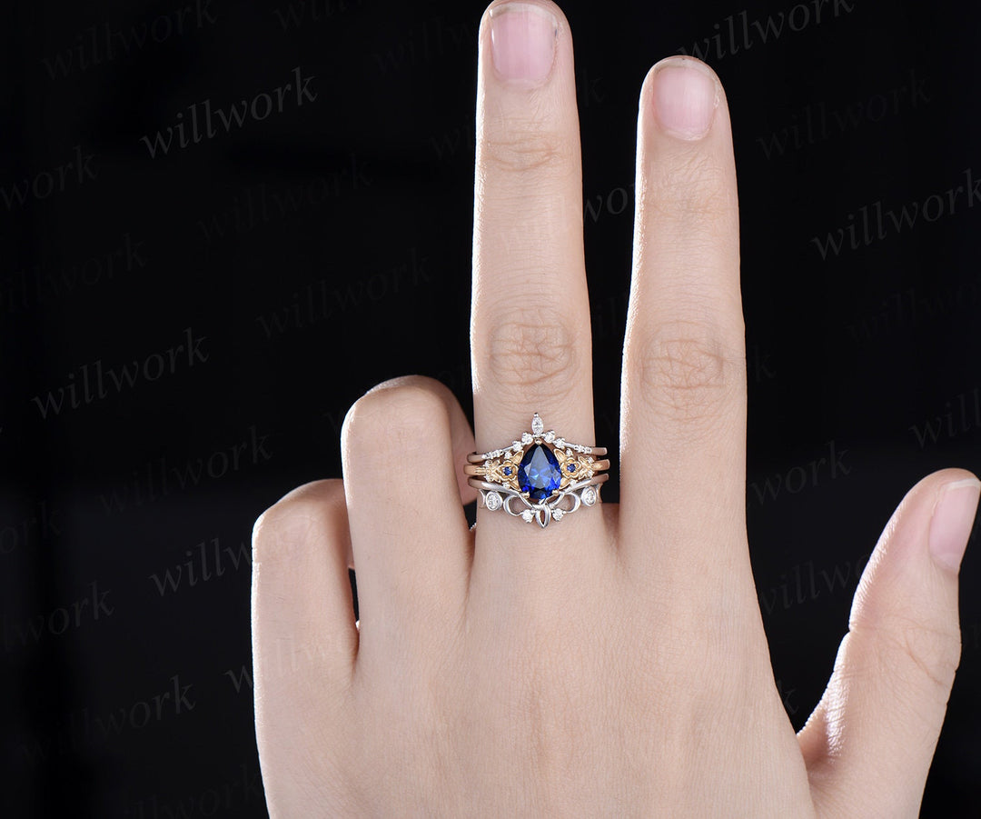 Pear shaped blue sapphire engagement ring leaf floral cluster diamond ring yellow gold wedding band enhancer bridal ring set women gemstone