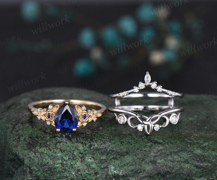 Pear shaped blue sapphire engagement ring leaf floral cluster diamond ring yellow gold wedding band enhancer bridal ring set women gemstone
