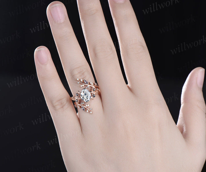 Oval cut moissanite engagement ring five stone leaf nature inspired alexandrite ring women wedding band enhancer bridal set jewelry
