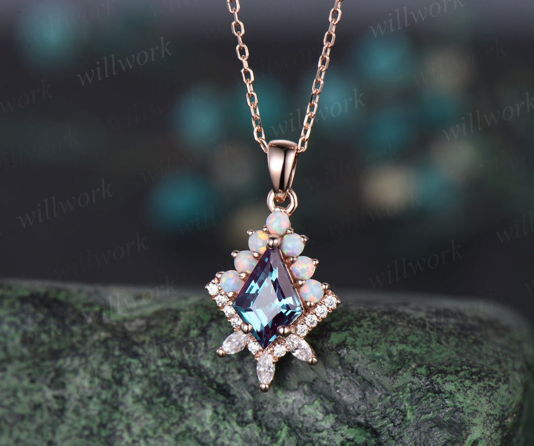 Color change kite cut Alexandrite necklace rose gold halo opal diamond pendant women vintage anniversary bridal gift mother