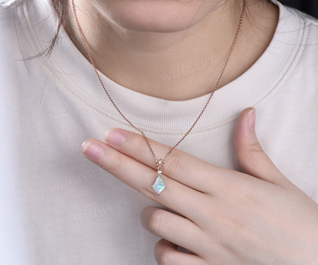 Kite cut white opal necklace solid 14k 18k yellow gold bezel diamond floral pendant women dainty anniversary bridal gift mother jewelry