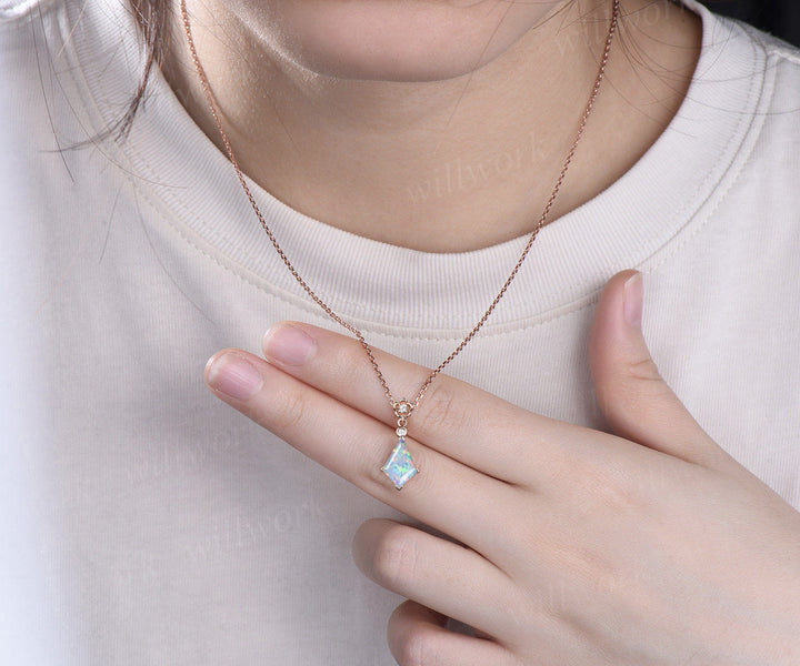 Kite cut white opal necklace solid 14k 18k yellow gold bezel diamond floral pendant women dainty anniversary bridal gift mother jewelry