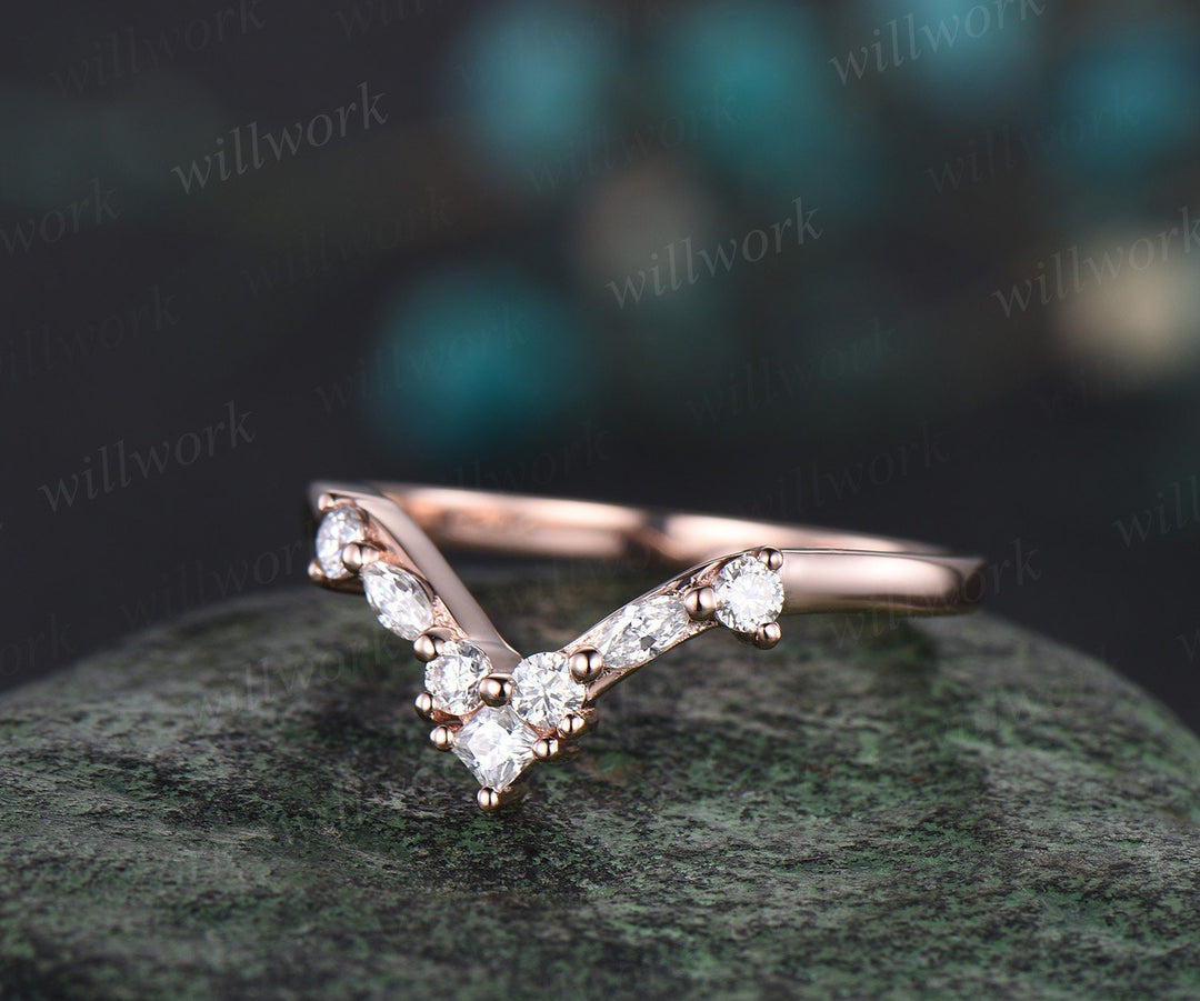 Princess marquise diamond wedding band solid 14k rose gold Curved V shaped stacking matching wedding ring band anniversary ring women gift