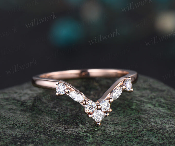 Princess marquise diamond wedding band solid 14k rose gold Curved V shaped stacking matching wedding ring band anniversary ring women gift