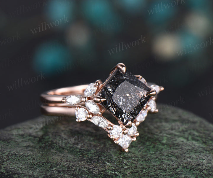 Princess marquise diamond wedding band solid 14k rose gold Curved V shaped stacking matching wedding ring band anniversary ring women gift