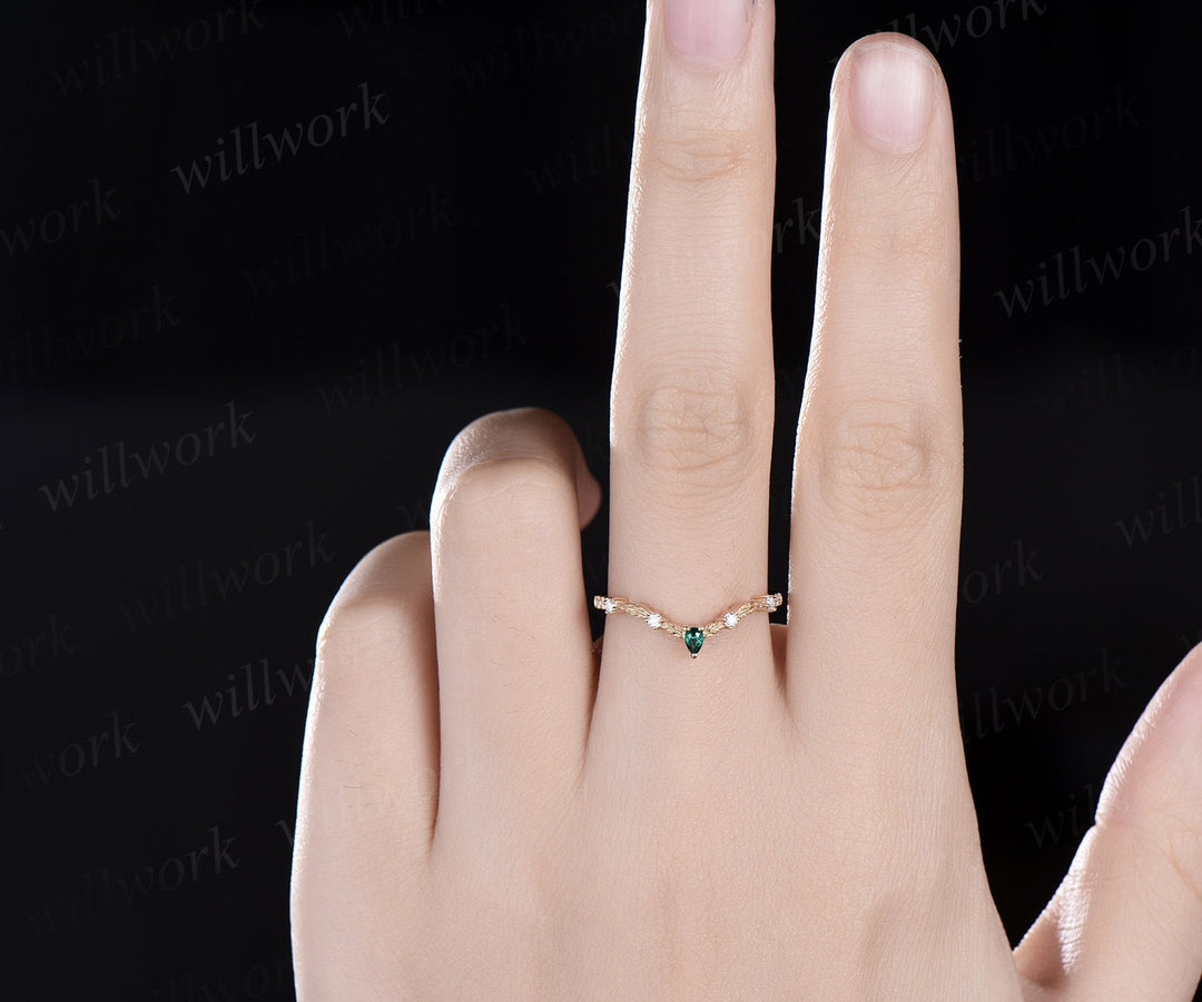 Vintage pear emerald diamond wedding band solid 14k yellow gold art deco leaf nature inspired stacking bridal anniversary ring women gift