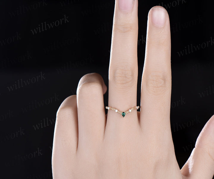 Vintage pear emerald diamond wedding band solid 14k yellow gold art deco leaf nature inspired stacking bridal anniversary ring women gift