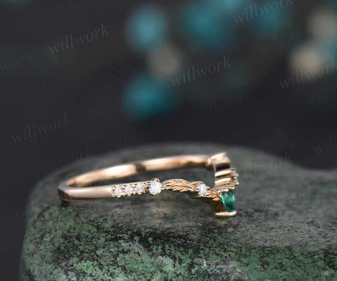 Vintage pear emerald diamond wedding band solid 14k yellow gold art deco leaf nature inspired stacking bridal anniversary ring women gift