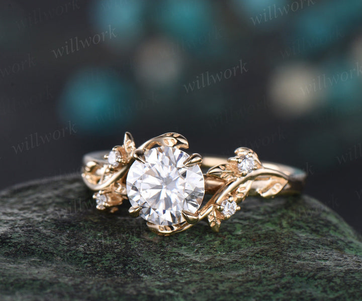 Vintage 1ct round cut moissanite engagement ring yellow gold art deco leaf five stone diamond anniversary promise wedding ring women gift